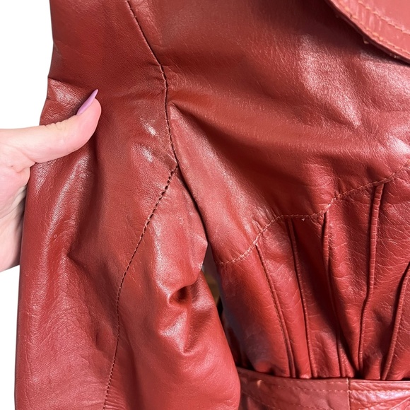 Vintage Dark Orange Leather Longline Trench Coat 70's Chic - Picture 10 of 10